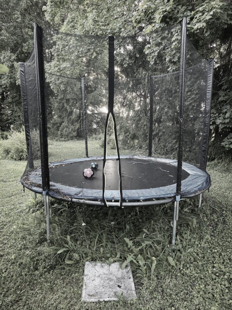 Round trampoline with safety net and two play balls on the mat in a grassy yard under trees